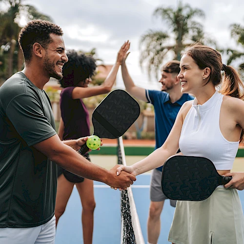 Two people shake hands on a tennis court after a friendly match, smiling while holding paddles, with others celebrating in the background.