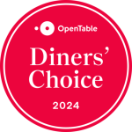 This image shows a red badge with "OpenTable Diners' Choice 2024" written on it, featuring a simple graphic design.