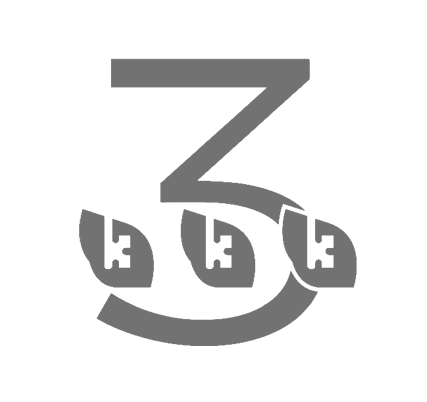 A gray stylized number &ldquo;3&rdquo; made from curved shapes, with three small icon-like symbols inside each segment. logo on footer section.