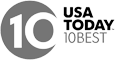 Logo of USA TODAY 10Best with a stylized "10" inside a partial circle on the left and text on the right.