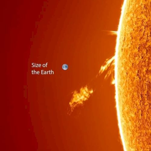 The image shows the Sun with solar flares and a comparison to Earth's size, emphasizing the Sun's immense scale.