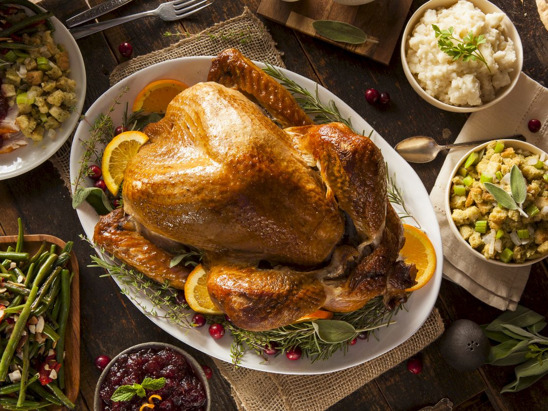 Roasted turkey/chicken on a platter with herbs and orange, alongside mashed potatoes, stuffing, and cranberry sauce.