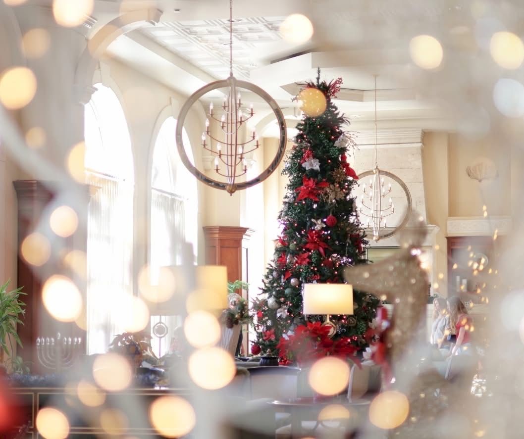 A decorated Christmas tree inside a church hall, framed by hanging chandeliers and warm glowing bokeh lights.