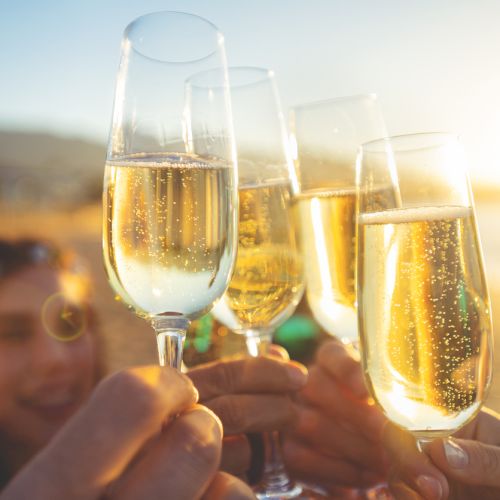 Friends clink sparkling champagne flutes at sunset, with golden bubbles and mountain scenery in the background.