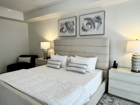 A modern, neatly made bedroom with a padded beige headboard, white bedding, two nightstands with lamps, and abstract wall art above the bed.