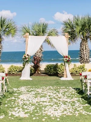 A beach wedding setup with an arch draped in white fabric, palm trees, flower petals on the aisle, and signs by the seaside.