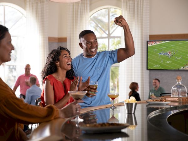 A group of friends celebrates at a bar, cheering with drinks while watching a game on TV in the background.