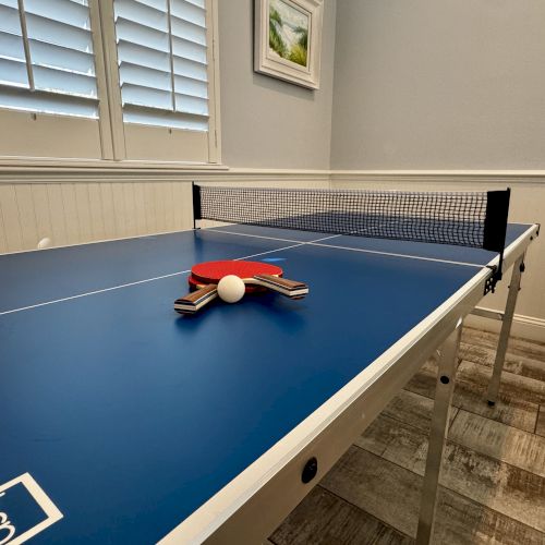 A small dog sits on a blue pool table in a cozy room, with framed art on the wall and a warm, casual vibe.