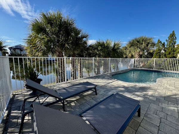 A sunny pool deck with two lounge chairs, a white railing, palm trees, and a clear blue sky above the pool.