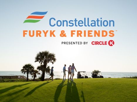 Constellation Furyk & Friends golf event at the coast, with players walking on a sunny green, presented by Circle K.