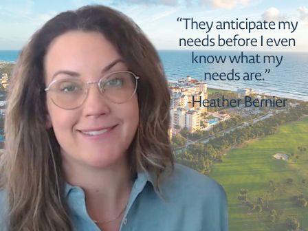 A woman with glasses smiles in front of a coastal cityscape; a quote overlays the image: &ldquo;They anticipate my needs before I even know what my needs are.&rdquo;