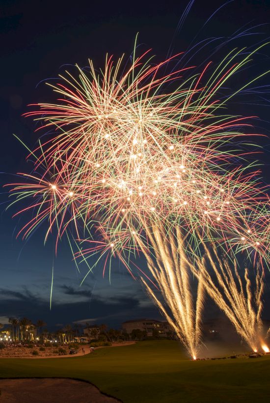 Fireworks explode above a dark sky near a city park, with bright golden trails and buildings glowing softly in the distance, nighttime celebration.