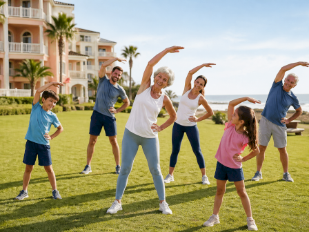 A group of people of various ages doing outdoor stretching exercises on a sunny lawn near a beach and residential buildings, smiling and moving together.