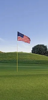 A lone American flag on a flagpole stands in the middle of a green golf course, with a clear blue sky and a small hill in the background.