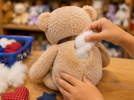 A child holds a plush teddy bear and pulls out fluffy white stuffing from its belly.