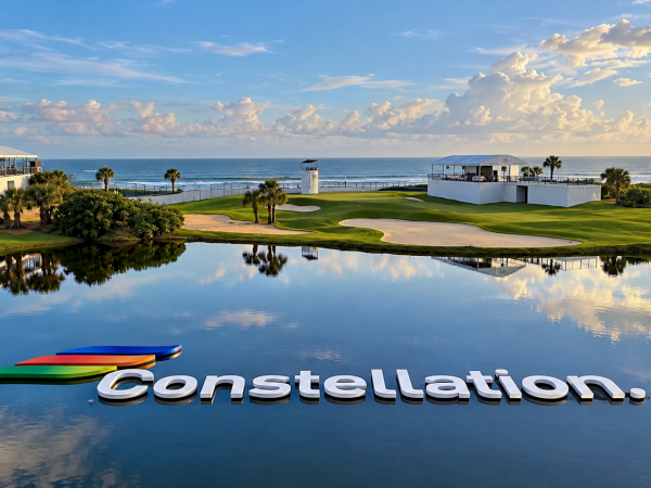 Seaside golf course with green fairways, clubhouse tents, and &ldquo;Constellation&rdquo; logo reflected in a pond at sunset.