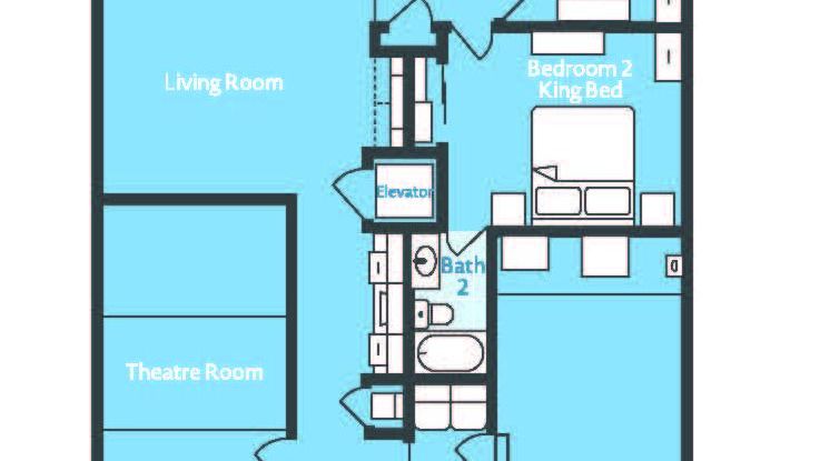A house floor plan showing living room, theatre room, two bedrooms, baths, laundry, foyer, garage, and an outdoor kitchen/patio.