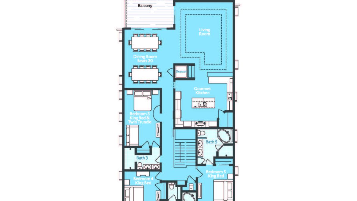 Second-floor layout for Atlantis at Hammock Beach: living room, dining, gourmet kitchen, balcony, elevator, five bedrooms, four baths.