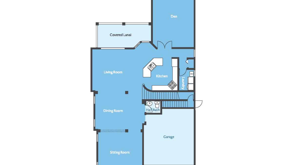 Layout of a house&rsquo;s first floor showing living, dining, kitchen, sitting room, covered lanai, den, half bath, and garage.