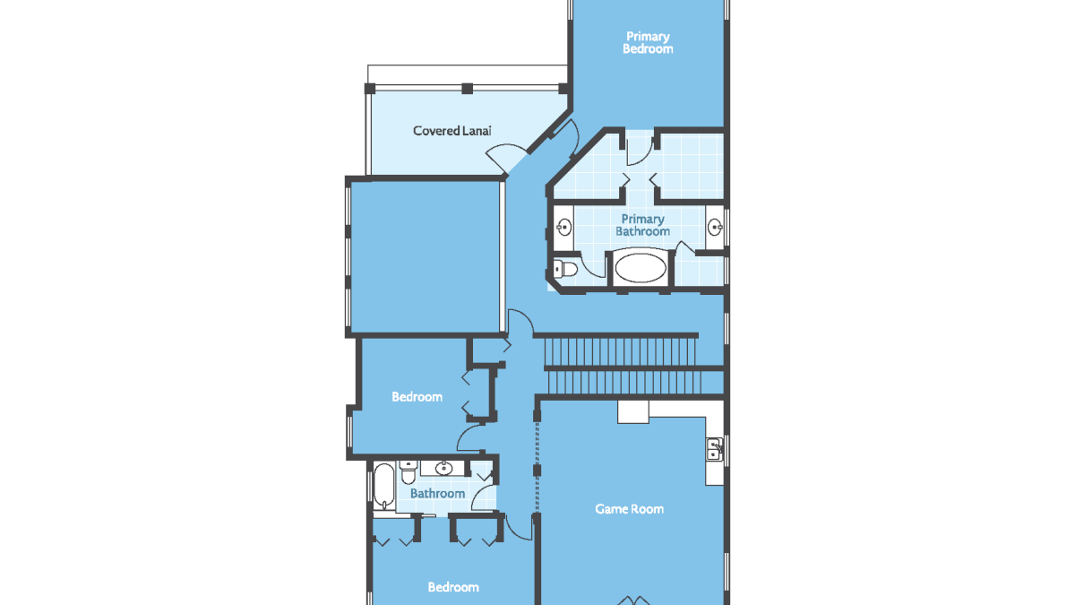 Floor plan for &ldquo;Changes in Latitude&rdquo;: 2,040 sq.ft with primary bedroom/bathroom, covered lanai, game room, and balcony.