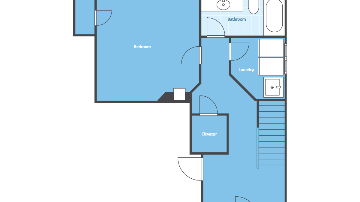 Hammock Sunset 1st-floor plan (495 sq ft) showing a bedroom, bathroom, laundry, and elevator layout.