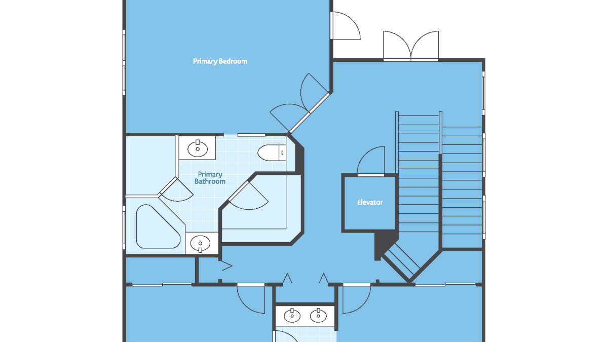 A floor plan for &ldquo;Hammock Sunset&rdquo; showing two bedrooms, primary/ shared bathrooms, an elevator, and labeled &ldquo;Primary Bedroom,&rdquo; &ldquo;Bedroom,&rdquo; etc.