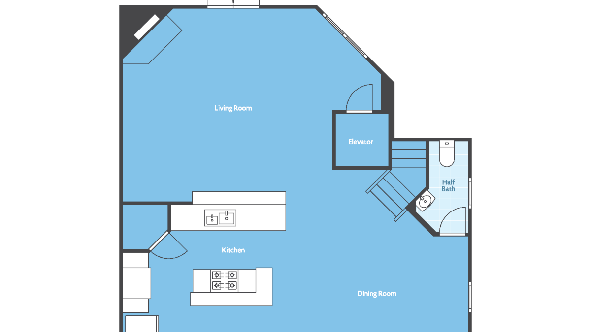 Hammock Sunset 3rd-floor (887 sq ft) floor plan showing living room, kitchen, dining room, elevator, and half bath.