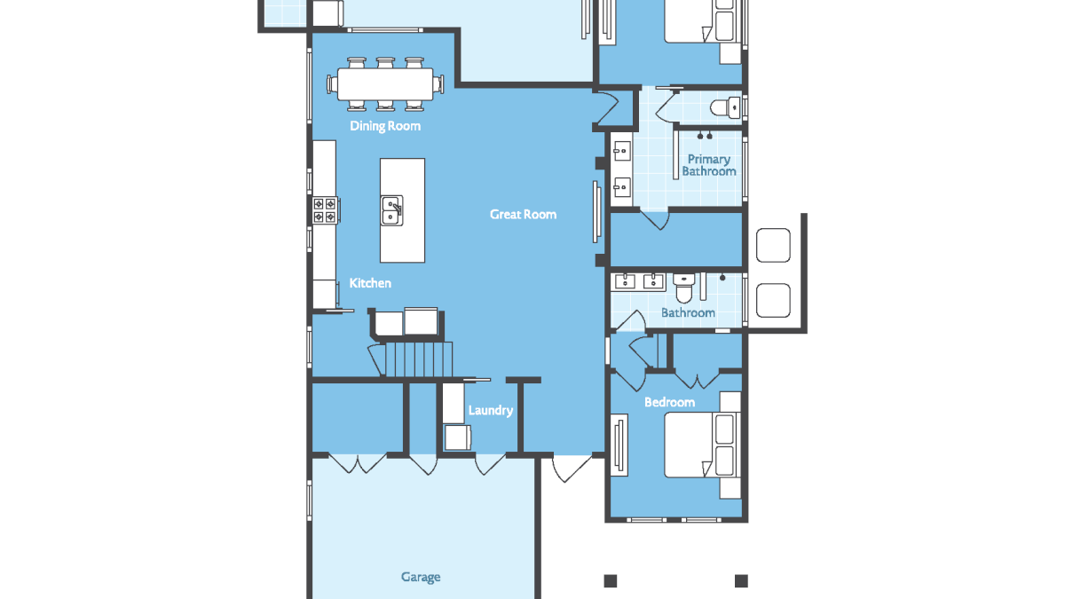 A floor plan for the Holiday House: great room, kitchen, dining, covered lanai, primary bedroom/bath, bedroom, laundry, garage.