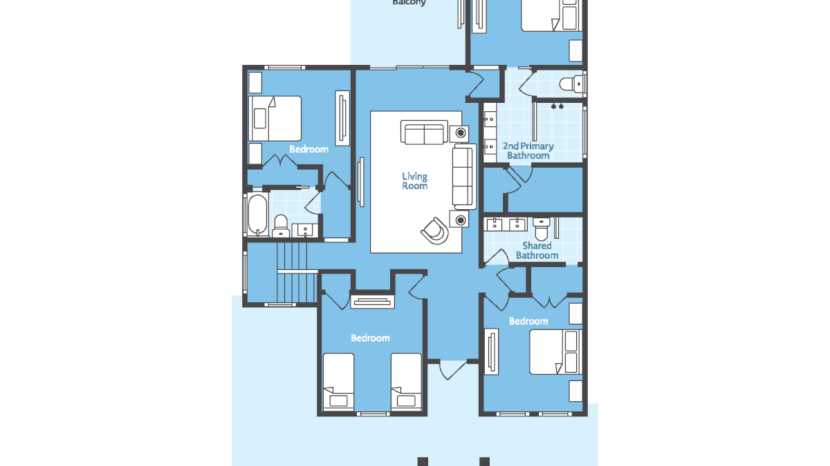 Second-floor holiday house floor plan with a living room, three bedrooms, a balcony, and bathrooms (including a shared one).