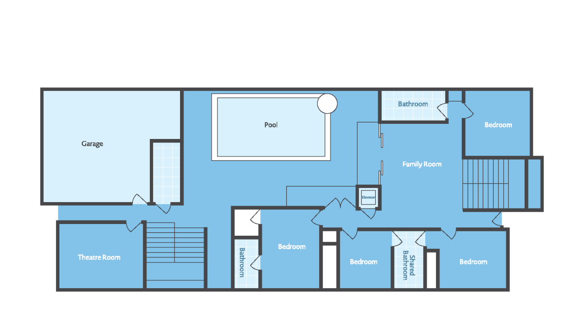 Floor plan for &ldquo;Ocean Waves&rdquo; suite: pool, family room, theatre room, garage, several bedrooms, and bathrooms on the 1st floor.