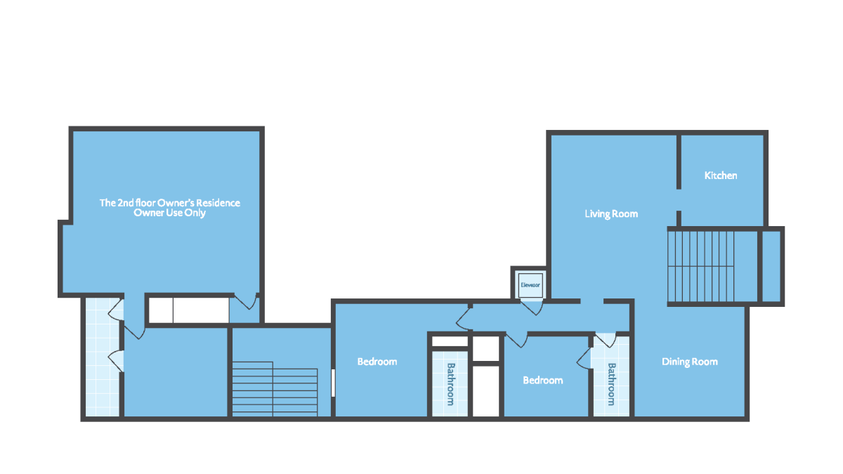 A &ldquo;Ocean Waves&rdquo; 2nd-floor apartment floor plan with living room, kitchen, dining room, bedrooms, and two bathrooms.