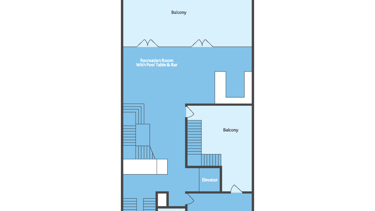 Ocean Paradise 2nd-floor layout with a recreation room, bedroom, bathroom, elevator, and two balconies overlooking the ocean.