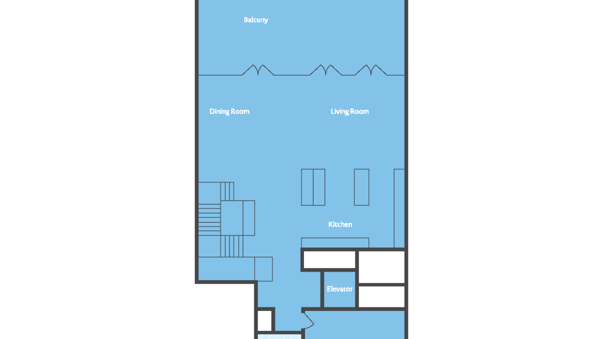 3rd-floor plan of Ocean Paradise: balcony, dining room, living room, kitchen, bedroom, bathroom, and elevator.