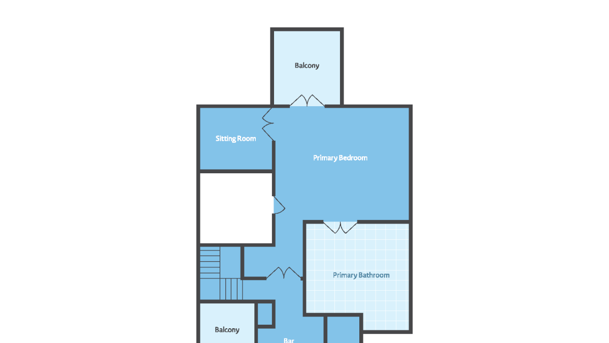 Ocean Paradise 4th-floor layout showing a sitting room, primary bedroom, primary bathroom, bar, and two balconies.