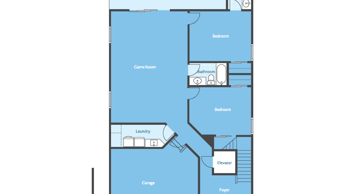 A floor plan for &ldquo;Seas the Day&rdquo;: covered patio, game room, two bedrooms, bathrooms, laundry, garage, and elevator.
