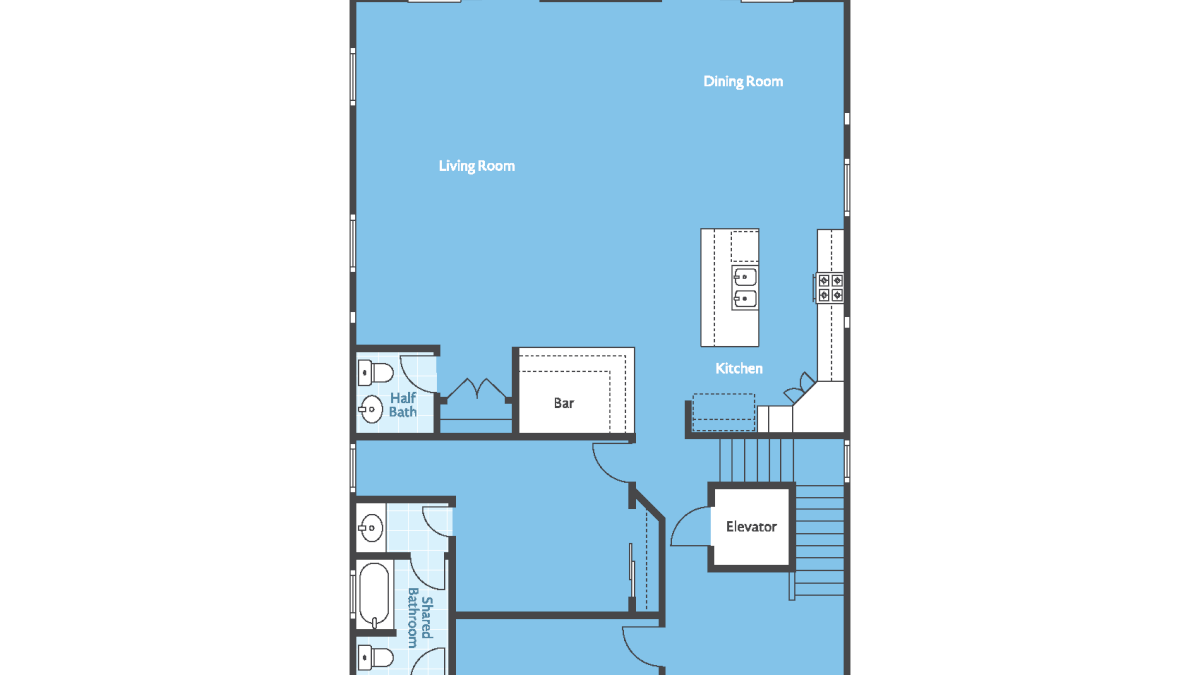 Floor plan: living room, dining room, kitchen, bar, bedroom, half bath, elevator, covered balcony, and balcony.