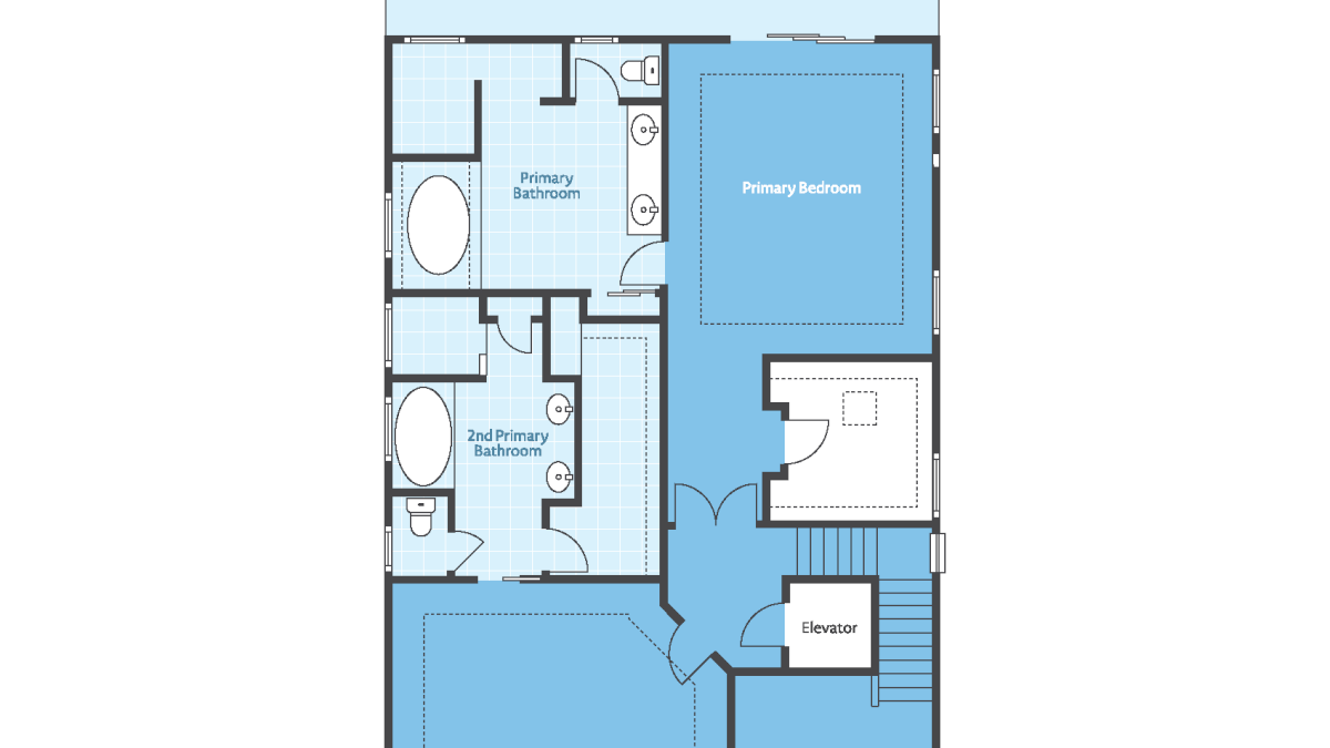 A 3rd-floor floor plan with a covered balcony, primary bedroom, two bathrooms, and an elevator layout.