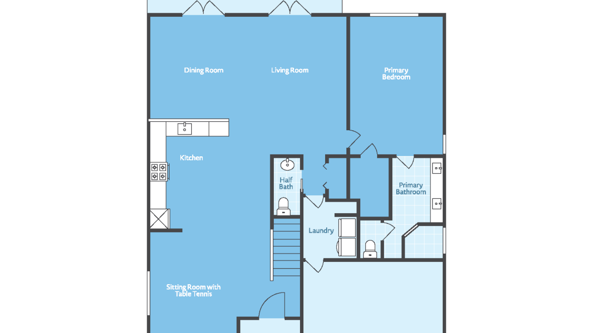 A floor plan titled &ldquo;Three Palms&rdquo; showing a patio, dining room, living room, kitchen, bedrooms, bathrooms, laundry, and a garage.