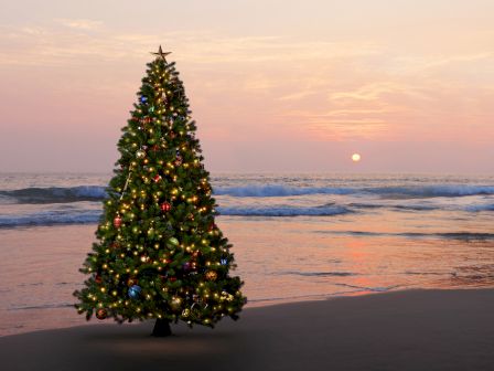 A decorated, lit Christmas tree stands on a sandy beach as waves roll in under a pink sunset.