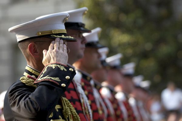 Uniformed military personnel standing in line, saluting with a blurred background, likely during a formal ceremony or event.