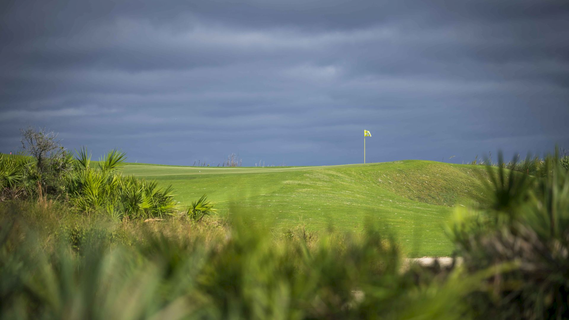 A golf course with lush green grass and a flag on a cloudy day.