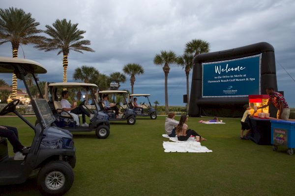 An outdoor movie event with people in golf carts and on blankets, facing a large screen on a lawn with palm trees and a concession stand.