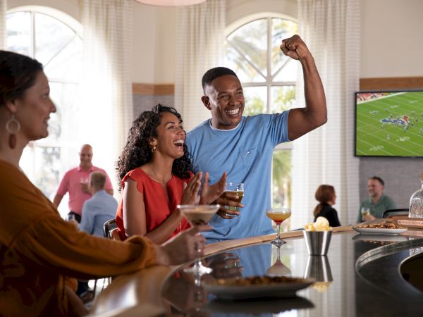People at a bar cheer while watching a football game on TV, drinks and snacks on the counter, expressing excitement and enjoyment.