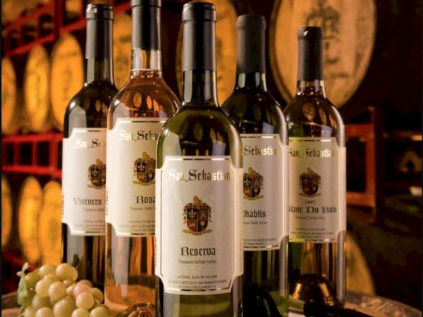 Five wine bottles labeled "San Sebastian" on a barrel, surrounded by grapes and corks, with barrels in the background.