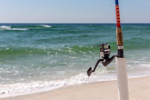 A fishing rod is propped up on a sandy beach, overlooking the ocean waves under a clear blue sky.