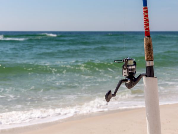 A fishing rod is propped up on a sandy beach, overlooking the ocean waves under a clear blue sky.