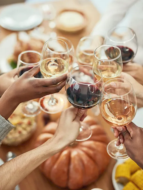 Friends clink wine and champagne glasses at a festive dinner party, smiling and toasting together.