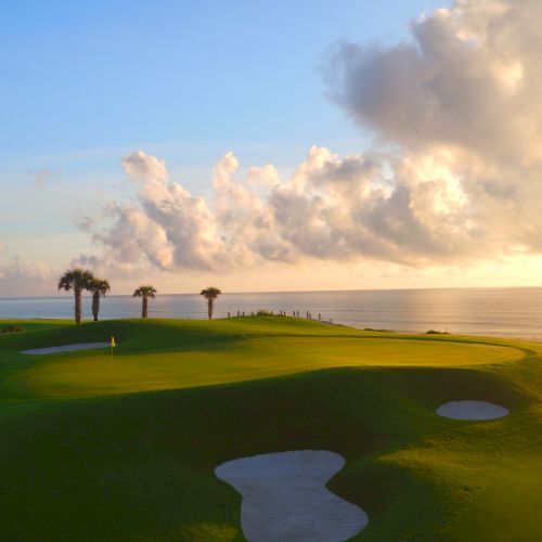 A coastal golf course with palm trees, rolling green hills, sand bunkers, and an ocean view under a cloudy sky at sunrise or sunset.