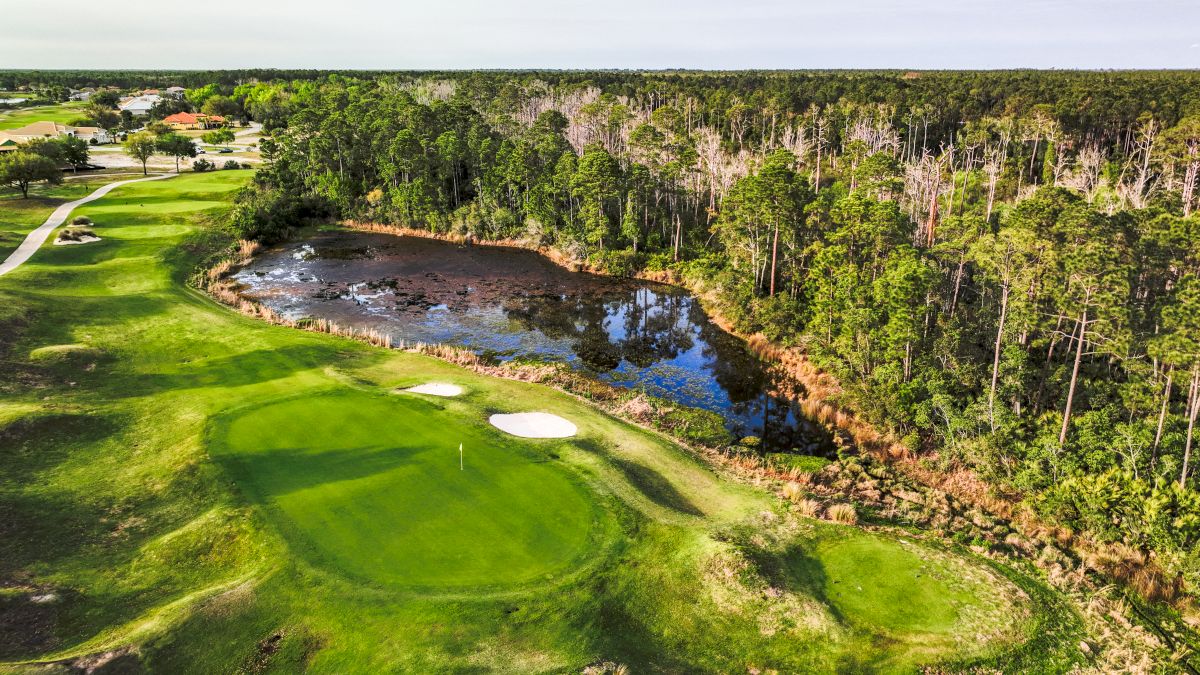 A golf course with a green, bunker, surrounding trees, and a nearby water hazard under a clear sky.