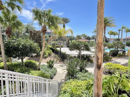 A tropical outdoor space featuring palm trees, greenery, a pool area, and a clear sky, with a path and railing in the foreground.